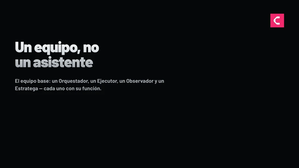 Un equipo, no un asistente — un Orquestador, un Ejecutor, un Observador y un Estratega, cada uno con su función.